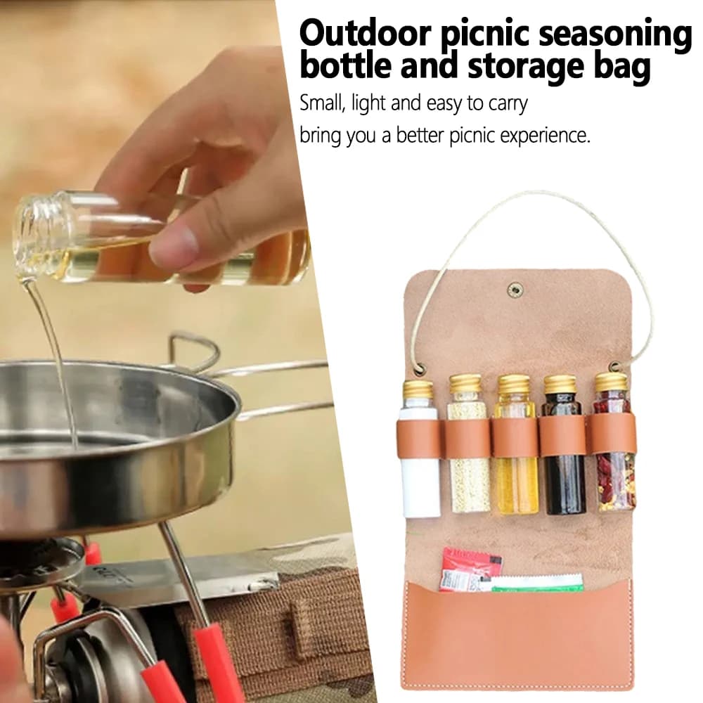 Set di bottiglie di spezie da campeggio all'aperto in pelle portatile impermeabile da campeggio escursionismo Picnic BBQ Barbecue borsa per la conservazione delle bottiglie di condimento
