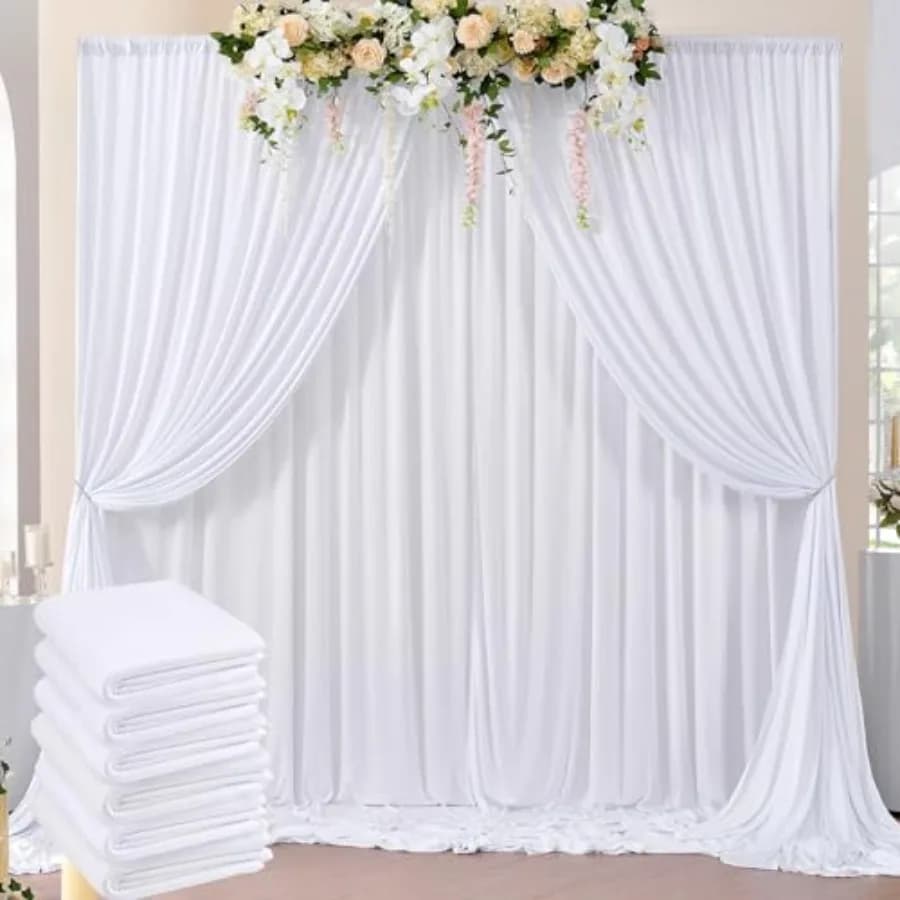 Tenda sfondo bianca antirughe da 30 piedi x 10 piedi per feste, drappeggi in poliestere per sfondo fotografico, 6 pannelli, tende 5x10 piedi