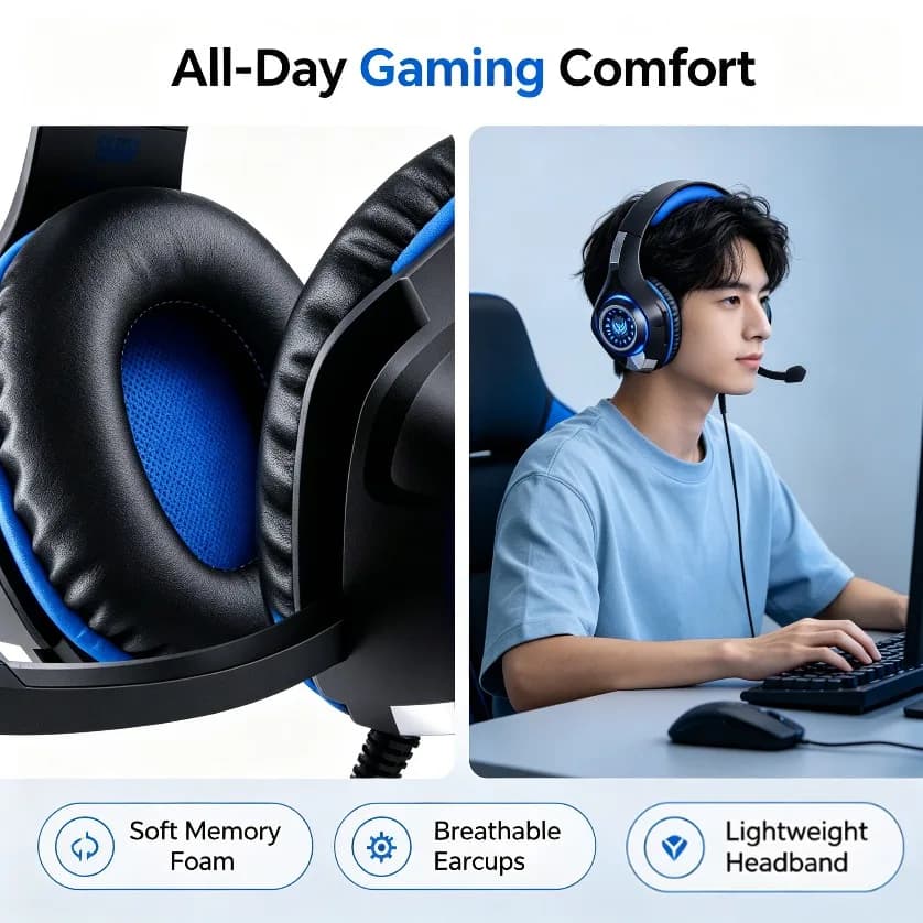 Stereo Gaming Headset with Mic RGB LED Over Ear Headphones Surround Sound Memory Foam for PC Console Mobile Black