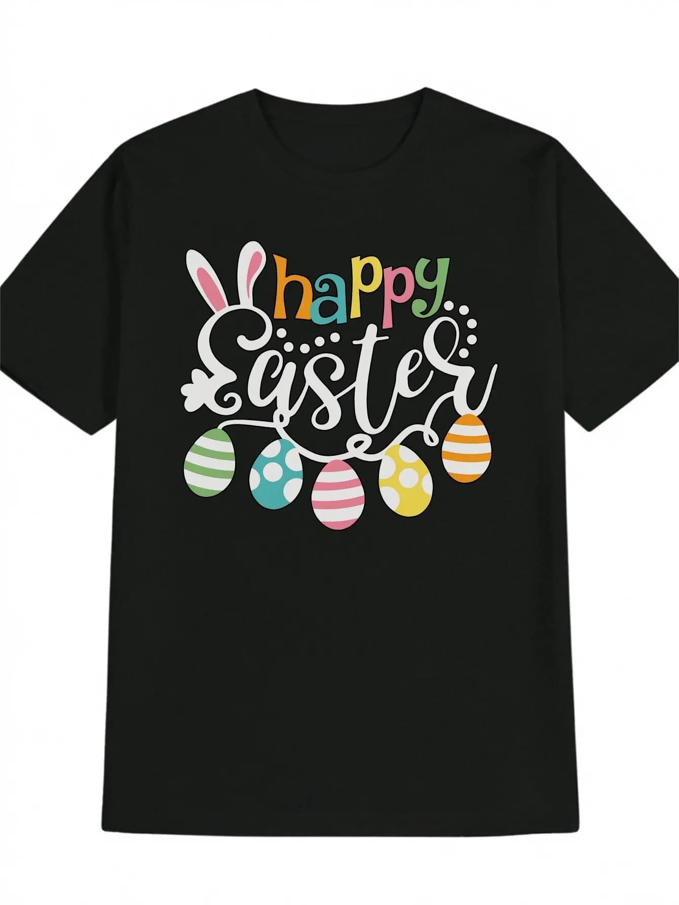 Men's casual t-shirt for Easter - Black cotton crew neck with egg print and colorful bunnies