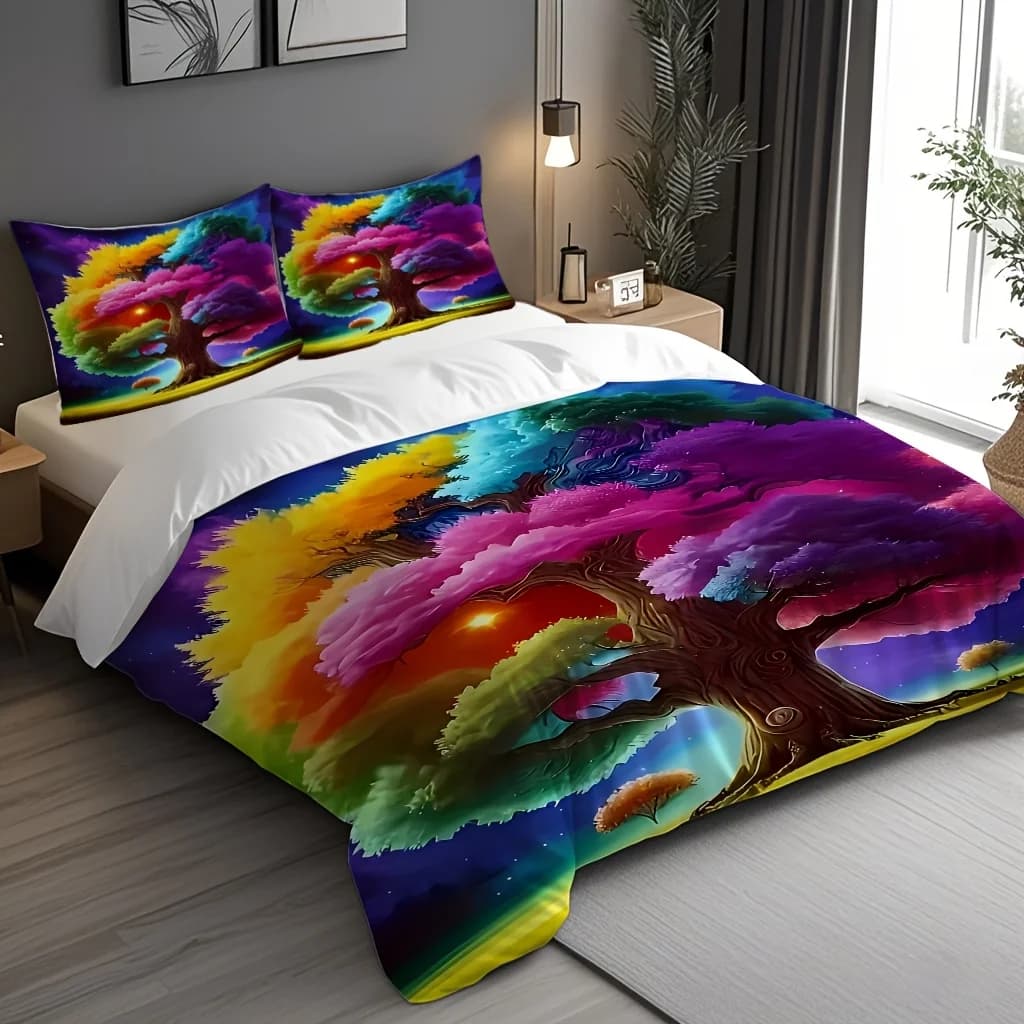 3-Piece Rainbow Tree Pattern Printed Bedding Set, 1 Duvet Cover + 2 Pillowcases (Pillow Inserts Not Included), Cool and Comfortable, Suitable for General Bedroom Home Use, Hotel Themed Suites, and Lounges