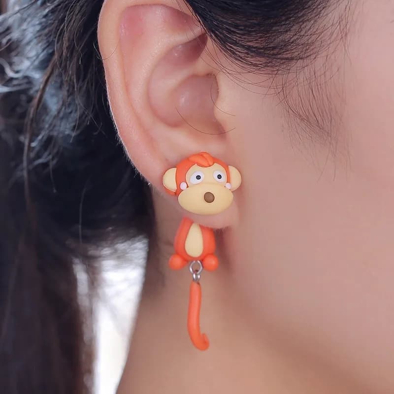 Handmade 3D Monkey Polymer Clay Stud Earrings For Women Kids Cute Animal Front Back Ear Jackets Funny Orange Earrings Brincos