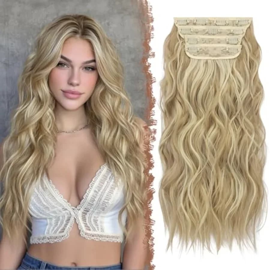 Clip in Hair Extensions - 4 PCS Long Wavy Thick Highlighted Clip in Hairpieces Synthetic Hair Extension for Women, Dirty Blonde