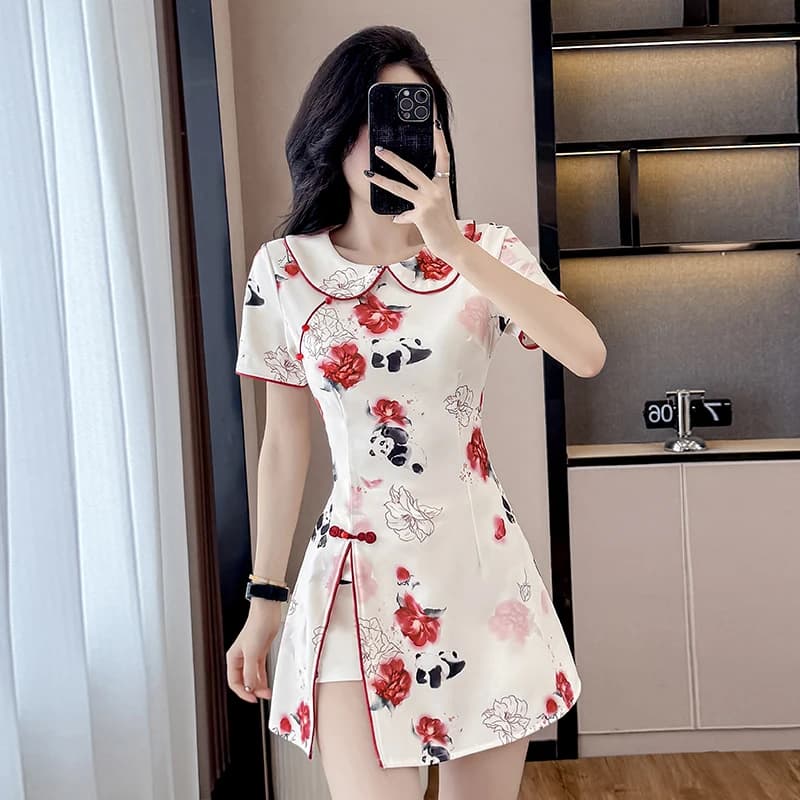 2 piece set New Chinese Style Floral Cheongsam Set - Elegant Qipao Dress & Shorts 2-Piece Outfit with Peter Pan Collar (S-2XL)