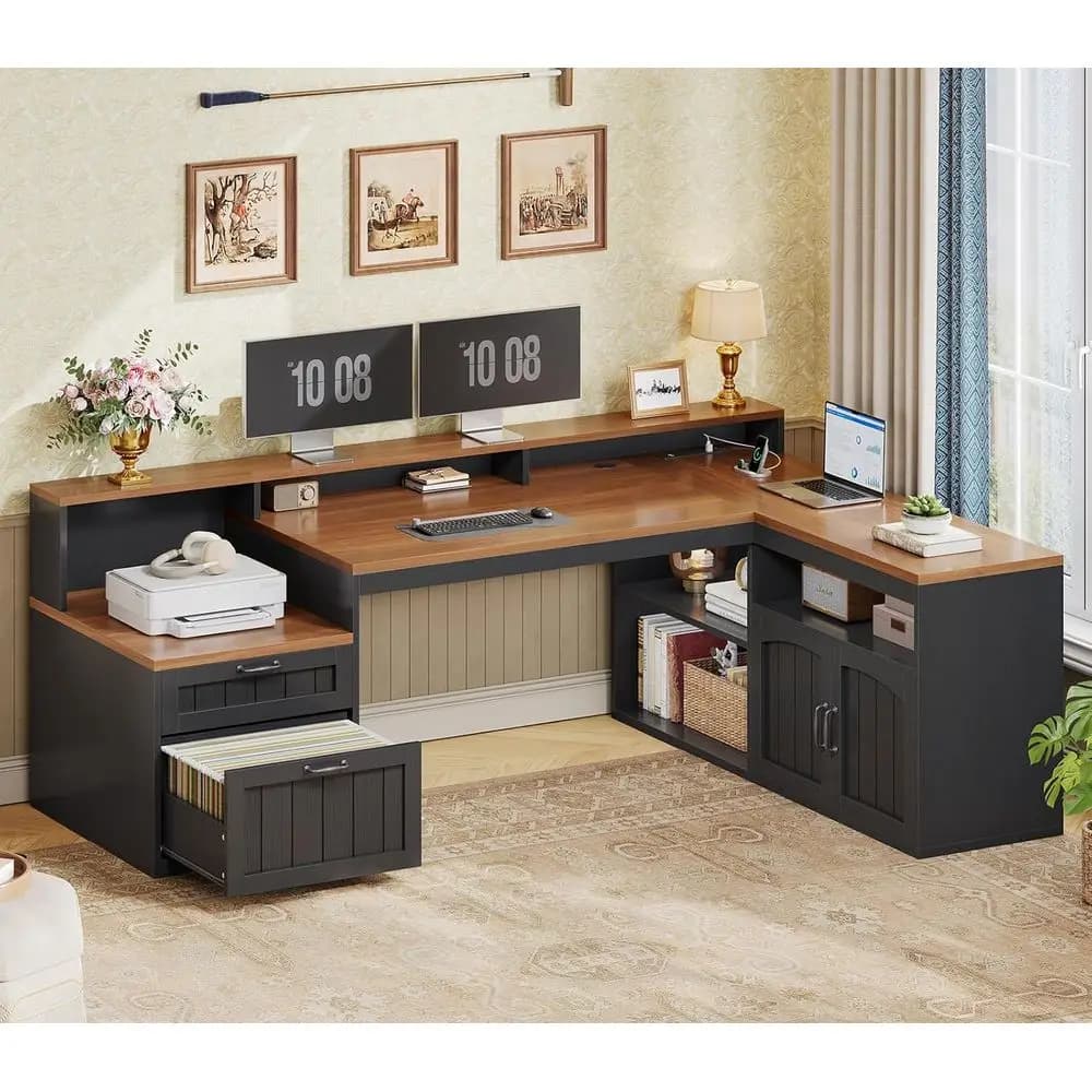 L-Shaped Wood Office Desk with Drawers, Storage, and Monitor Stand in Brown & Black