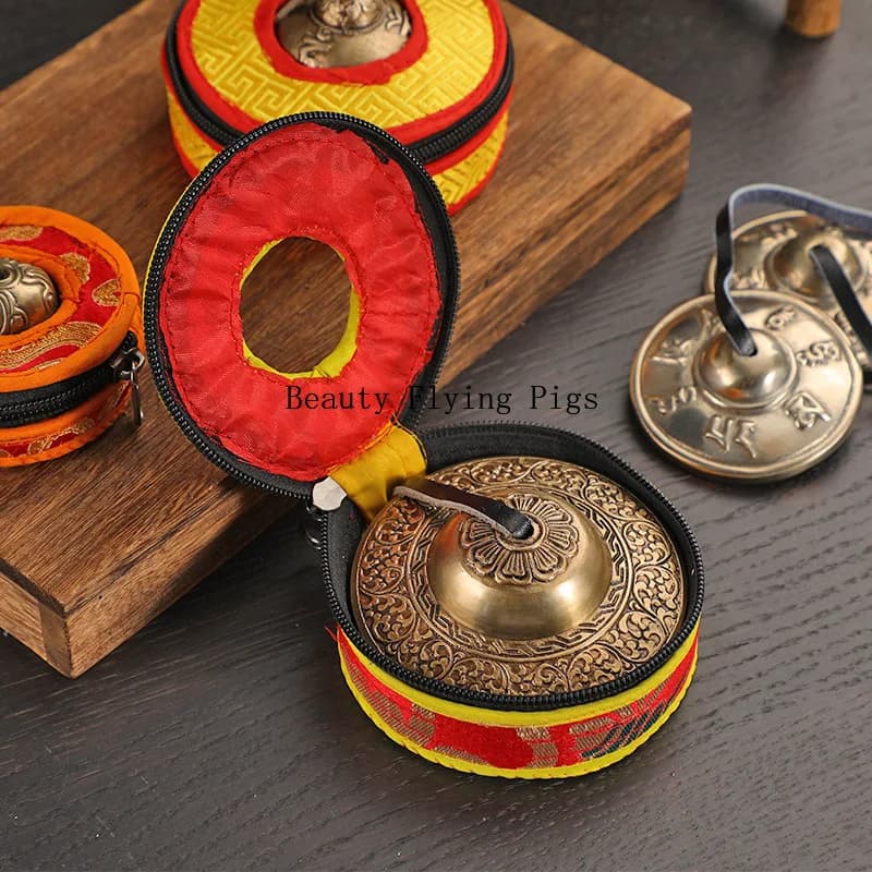 Handmade Copper Tingsha Bells Nepal Cymbals Tinkle Bell with Bag Retro Tibetan Bells Yoga Meditation Awakening Percussions Gifts