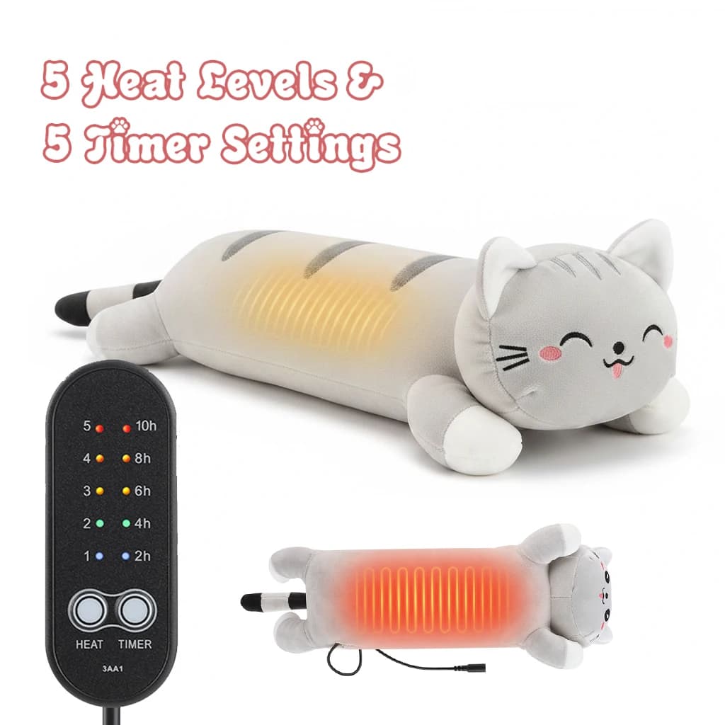 Heated Cat Plush Pillow, USB Rechargeable Warming Cushion with 5 Heat Levels & 5 Timers, Cozy Cute Gift for Her, Home Office Bed