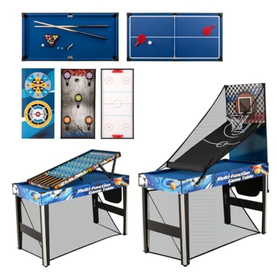 Tavolo da Gioco Multifunzione 10 in 1 con Tennis da Tavolo, Basket, Calcio, Hockey, Tiro con l'Arco, Tiro al Bersaglio, Freccette e Flipper