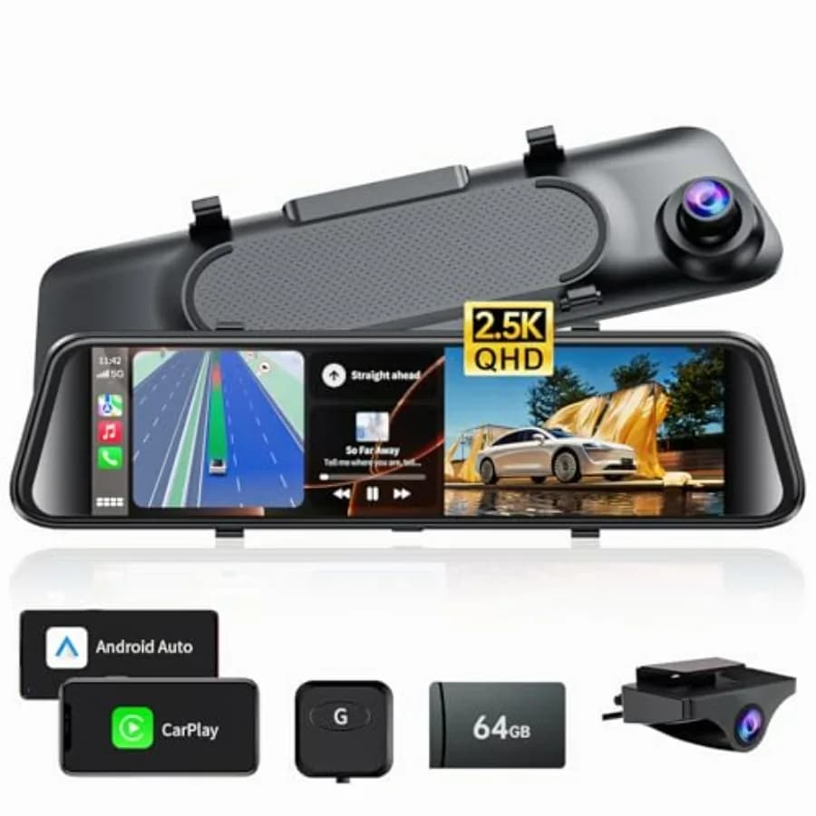 Dash Cam Specchietto Retrovisore 2.5K con Carplay e Android Auto, Telecamera Anteriore e Posteriore con Funzione Zoom, Specchietto Retrovisore da 12 Pollici