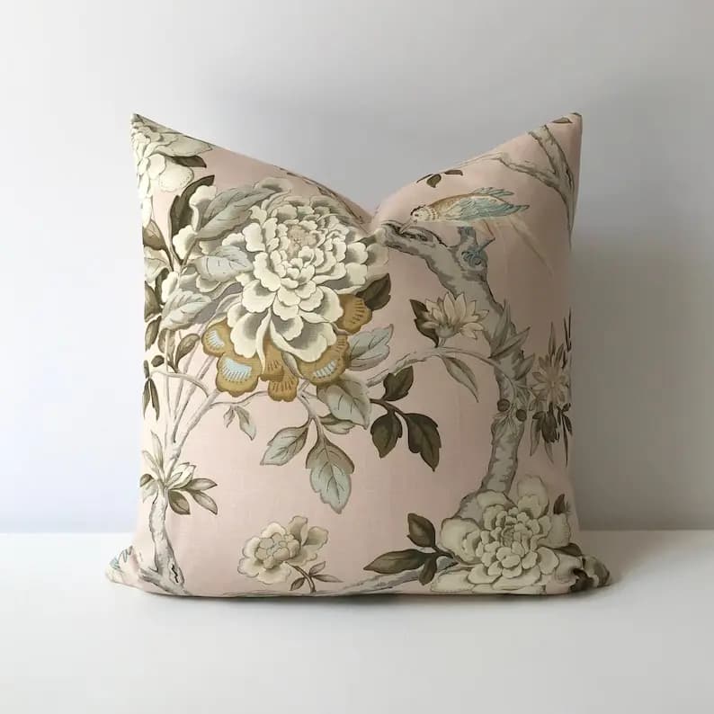 Blush pink and green bird floral decorative Pillow Cover,Blush Pink Chinoiserie Floral & Bird Throw Pillow Cover, Botanical Decorative Cushion Cover for Couch Sofa Bed Living Room