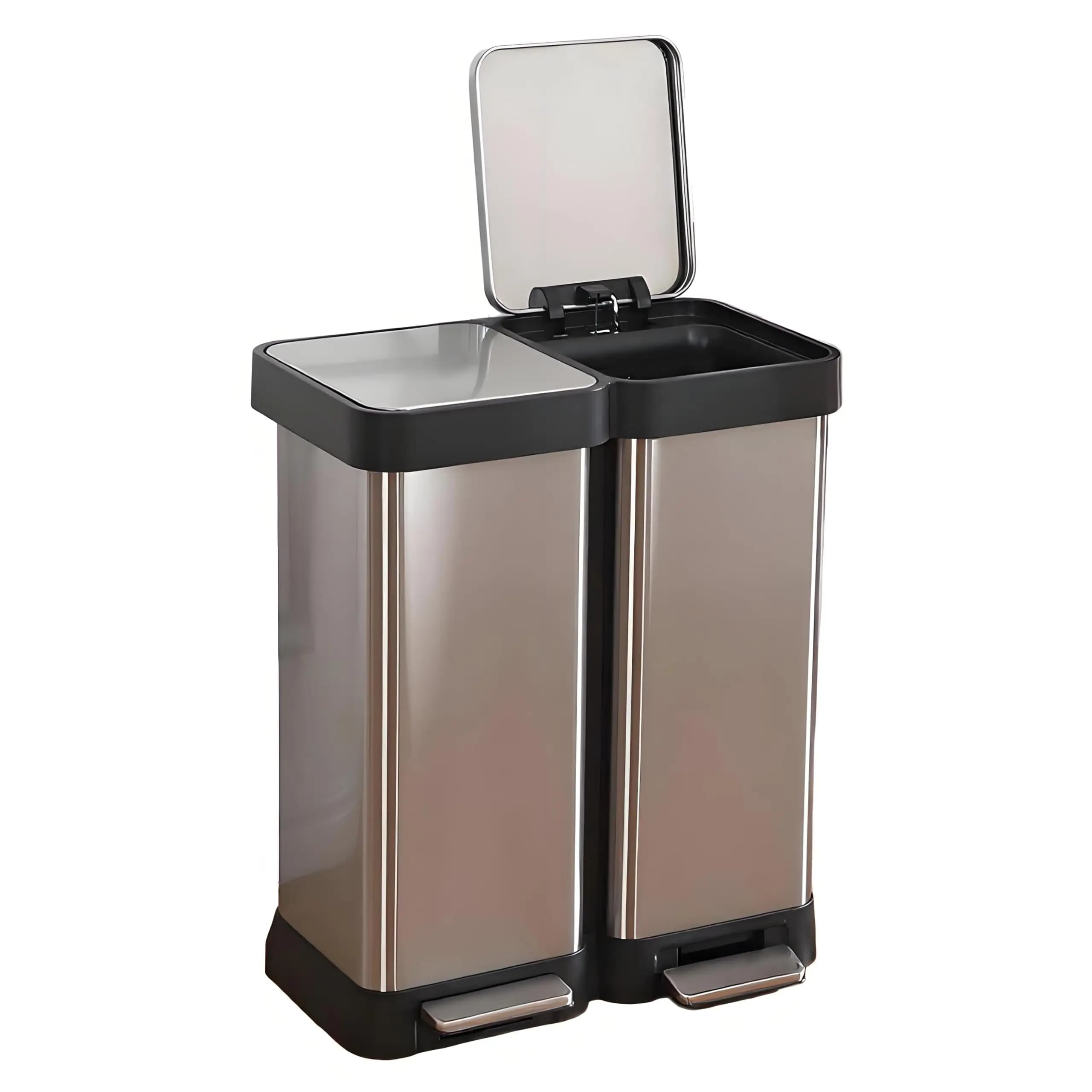 Stainless steel double compartment waste basket, 16 gallons (60L), fingerprint resistant, home and office