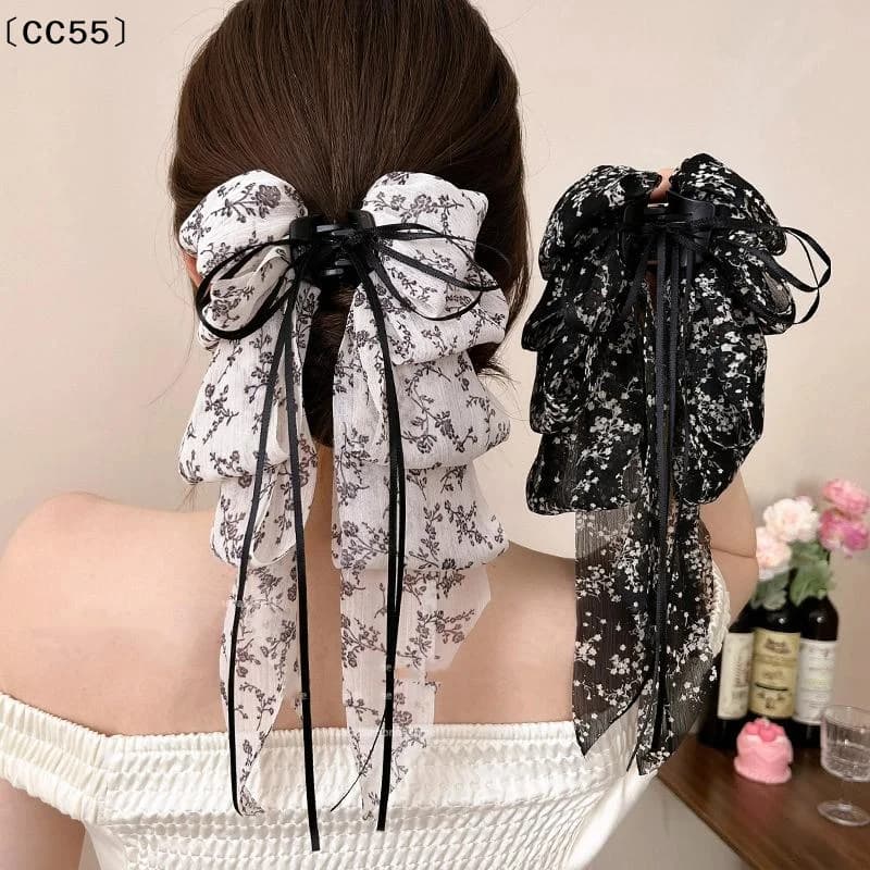 Crushed Flower Multi-Layer Bow Fluttering Ribbon Hair Clip Female Low Ponytail Grab Clip Back Of Head Shark Clip〔CC55〕
