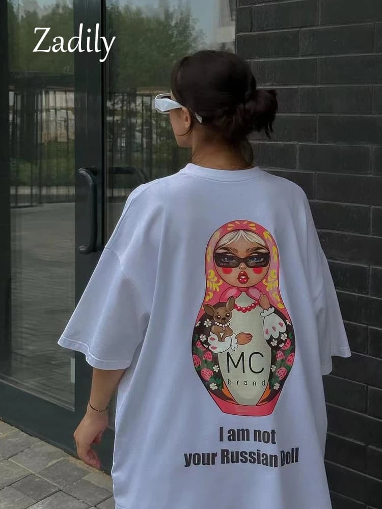 2025 Estate Y2K T-shirt in cotone da donna Streetwear Russo Matrioska Doll Stampa Top Manica corta Abbigliamento femminile Pullover