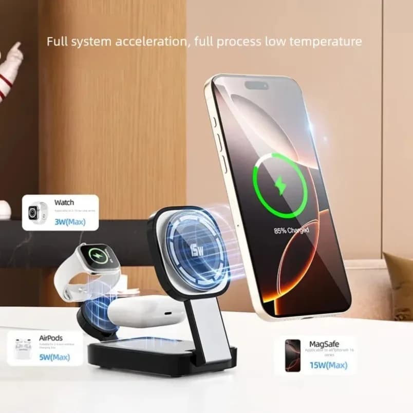 Magnetic Cell Phone Wireless Charger Station 3 in 1 Wireless Fast Charger Dock Stand for iPhone 17 16 for iWatch AirPods Pro