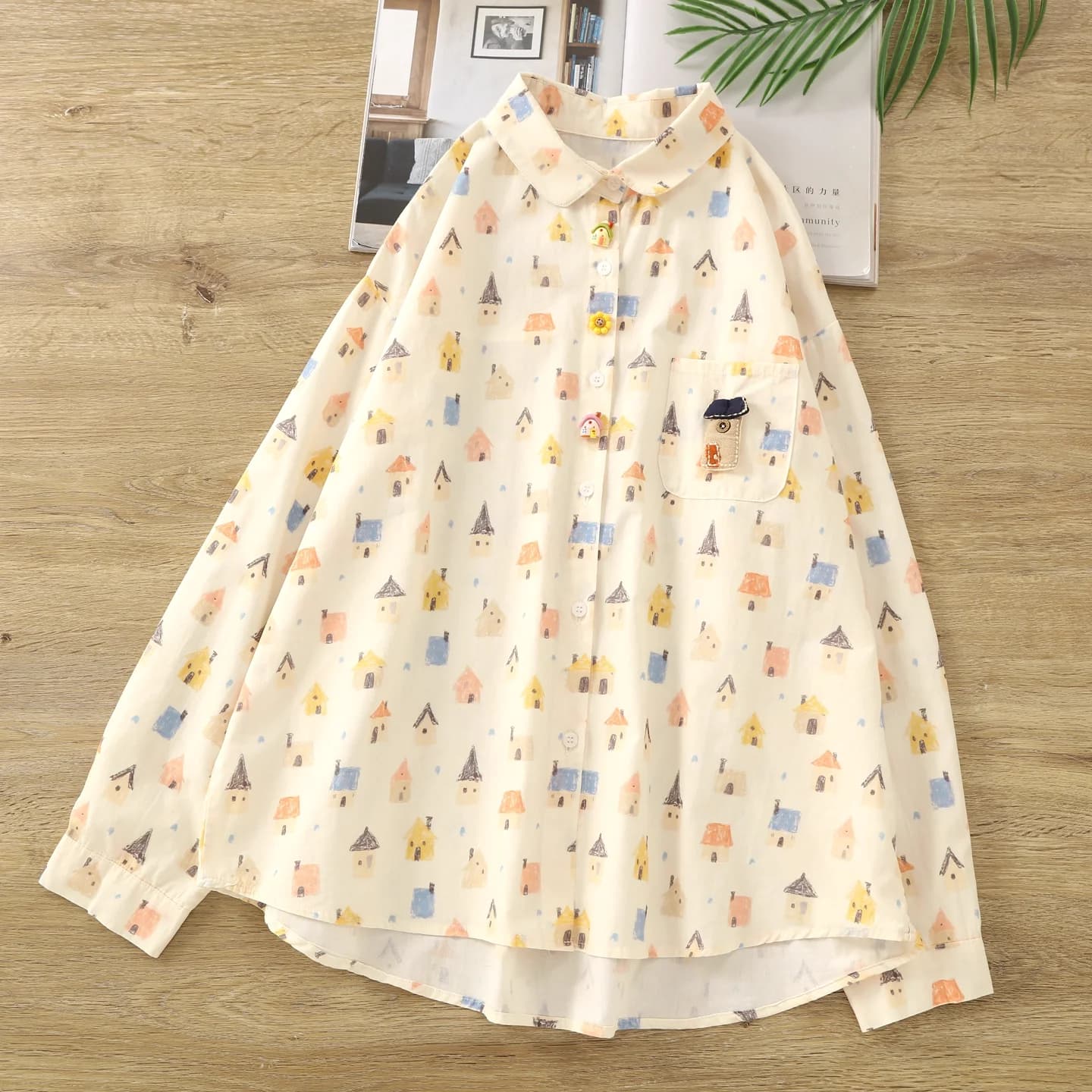 Originale harajuku moda puro cotone cartoon case top a maniche lunghe donna 2025 autunno Giappone camicie e camicette kawaii
