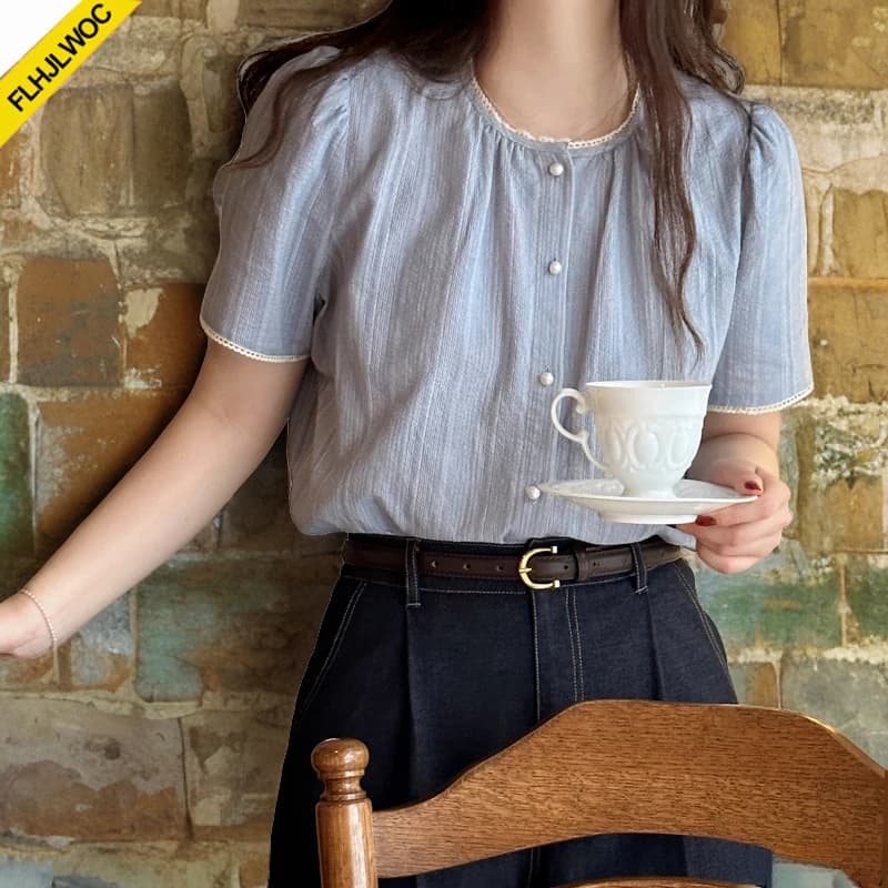 Miscele di cotone top a righe blu Blusas donna Summer Cute Japan Style Girls Retro Vintage Casual camicie monopetto con bottoni