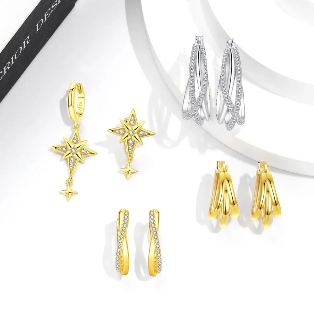 MISEFF S925 Sterling Silver Earrings with asymmetrical star, 18K gold plated woven line earrings, birthday gift
