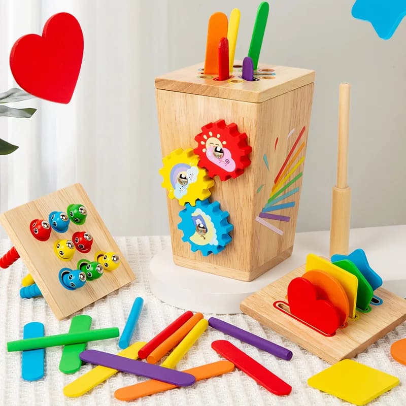 Gioco in legno per catturare insetti, giocattolo multifunzionale, riconoscimento e abbinamento delle forme, scatola in legno, rotazione degli ingranaggi, giocattolo educativo per la classificazione dei colori, regalo di compleanno e di Natale