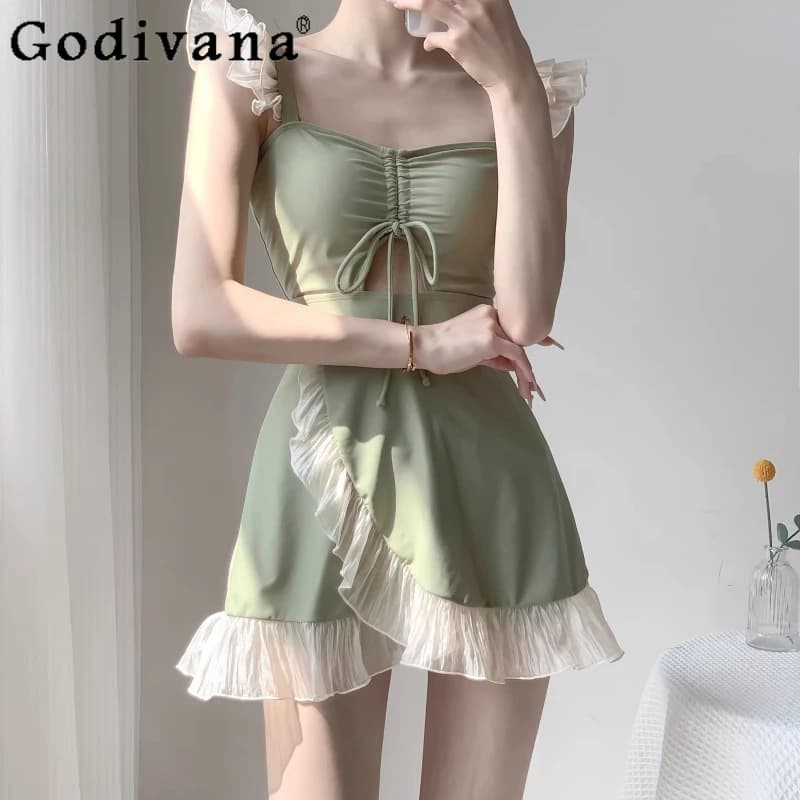 Elegante francese dolce conservatore costume intero ragazza estate nuovi volant con lacci carino scollo quadrato piscina costumi da bagno con bretelle