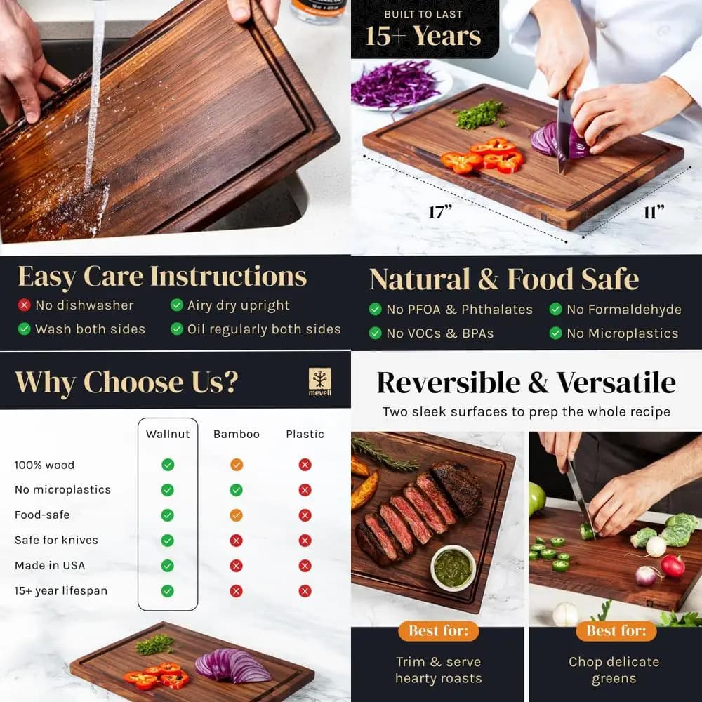 Reversible cutter in walnut wood with groove for juices - 17x11x0,75 inches, Product in Canada