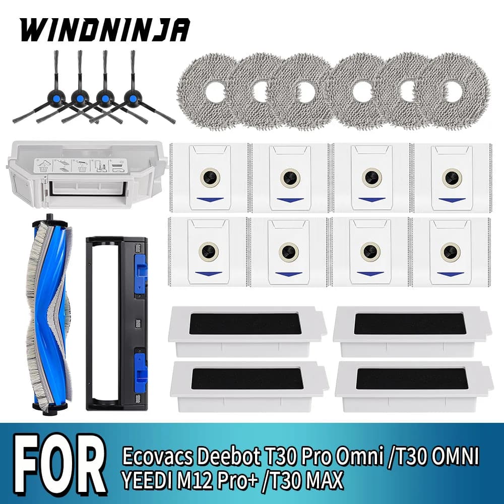 For Ecovacs Deebot T30 Pro Omni/T30 OMNI/YEEDI M12 Pro+/T30 MAX: Roller brush, side brush, washing cloth, filter, dust collector bag, dust collector container - Spare parts