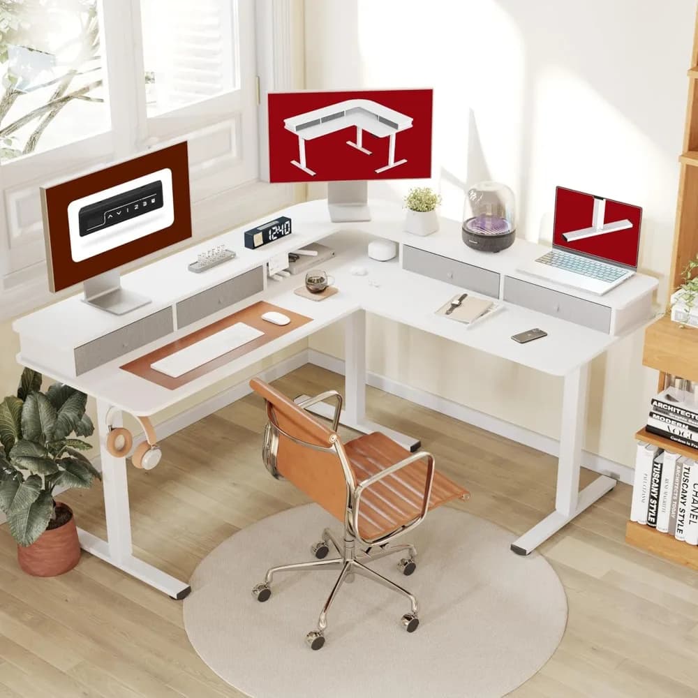 Scrivania ad L da 63 Pollici con 3 Cassetti, Scrivania Regolabile in Altezza, Scrivania Angolare per Gaming con Supporto per Monitor, Personalizzabile