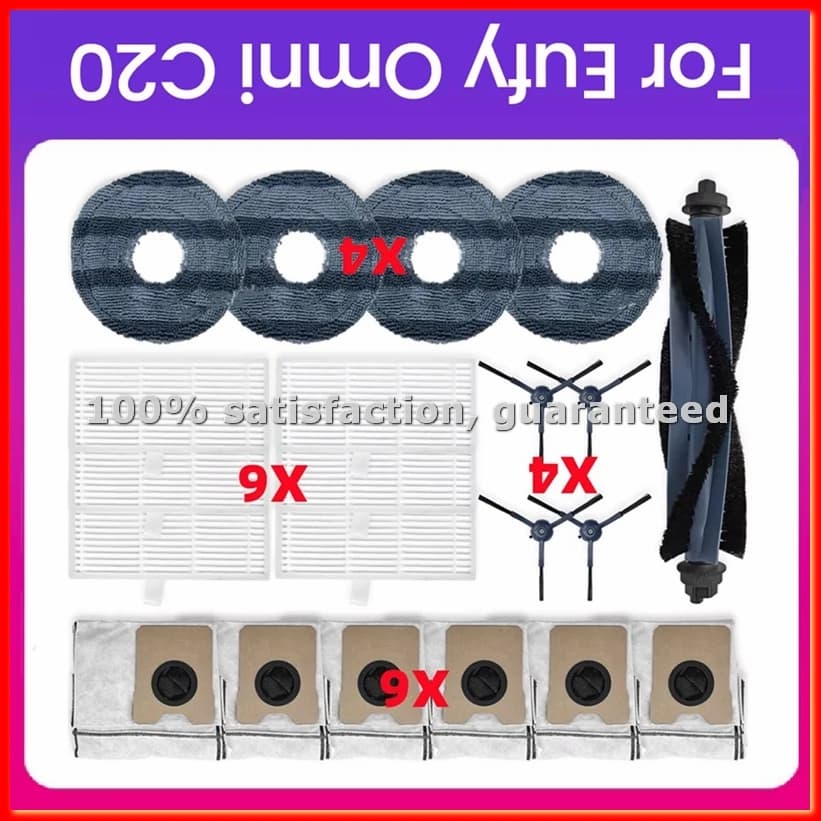 Set of 21 Accessories for Robot Vacuum Cleaner Omni C20: Main Brush, Side Brushes, HEPA Filter, Powder Bag, Cleaning Cloth - ABAM