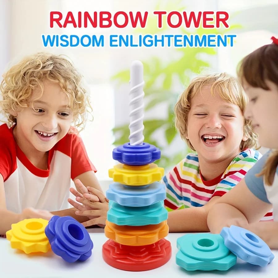 Giocattolo Torre Arcobaleno Girevole - Giocattoli Educativi con Parti Rimovibili e Impilabili - Regali Educativi per Halloween e Natale