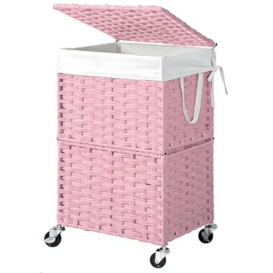 Cesto portabiancheria sottile da 90 litri con ruote, cesto portabiancheria con coperchio e sacchetto interno rimovibile, organizer in rattan intrecciato a mano