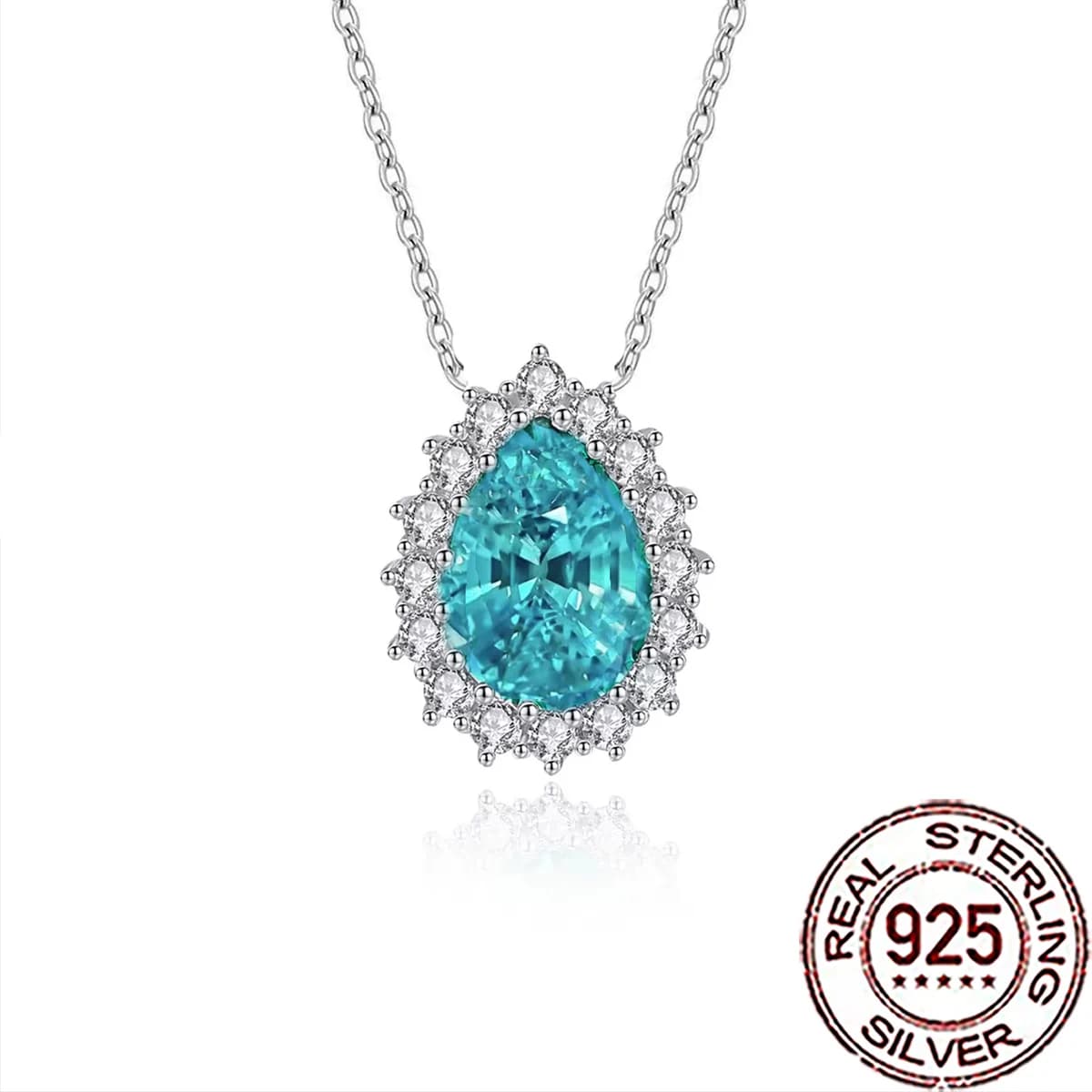 QooLady S925 Silver Elegant Light Green Paraiba Gemstone CZ Water Drop Pendant Necklace for Women Wedding Party Jewellery SD076