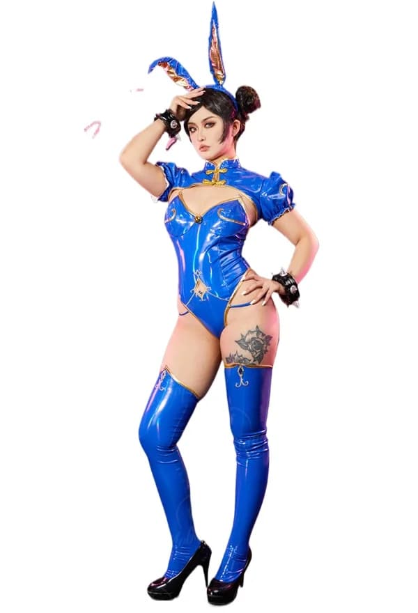 Mobbunny Chun-Li Cosplay Costume Women Hot Sexy Lingerie Bunny Girl Cosplay Costume Bodysuit and Top with Thigh Socks