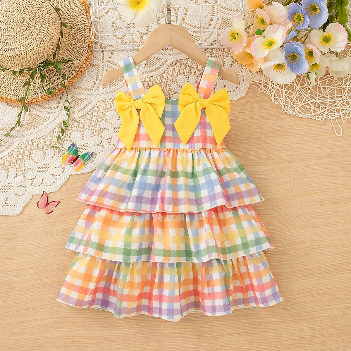 Abito da bambina con fiocco giallo, nuovo abbigliamento estivo per bambini a quadretti colorati (6 mesi -3 anni)