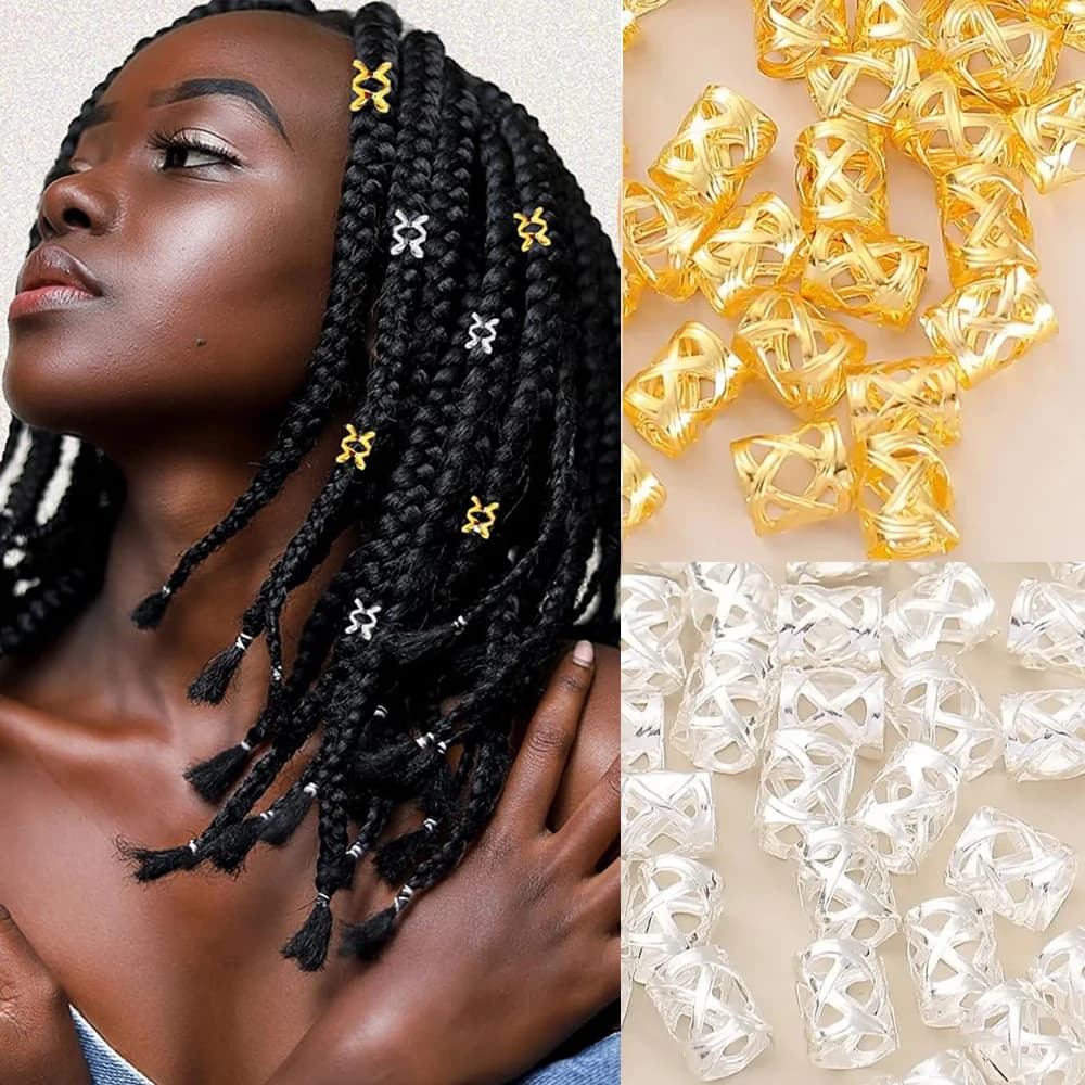 8*9mm Golden Hair Cuffs/Silver Rings Loc for Braids, Hair Clips Multi Style Metal Dreadlock Beads for Hair Accessories Decoration