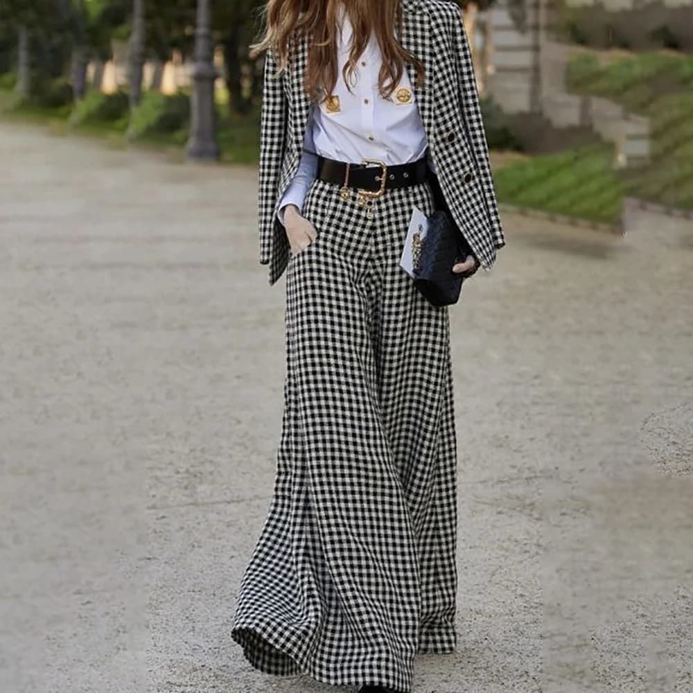 Slim-fit Women's Checkered Twill Blazer Double-breasted Peak Lapel Two Pieces(Jacket+Wide Pants) Luxury Chic Formal Women Set
