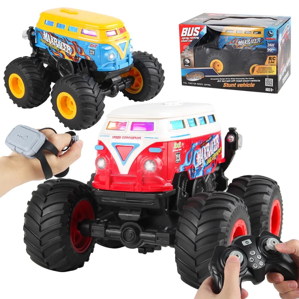 Auto RC Fuoristrada Telecomandata, Giocattolo Bus 2.4G con Luci Fantastiche, Ricaricabile USB, Musica, Spruzzatore, Resistente agli Urti, Veicolo Giocattolo per Tutti i Terreni