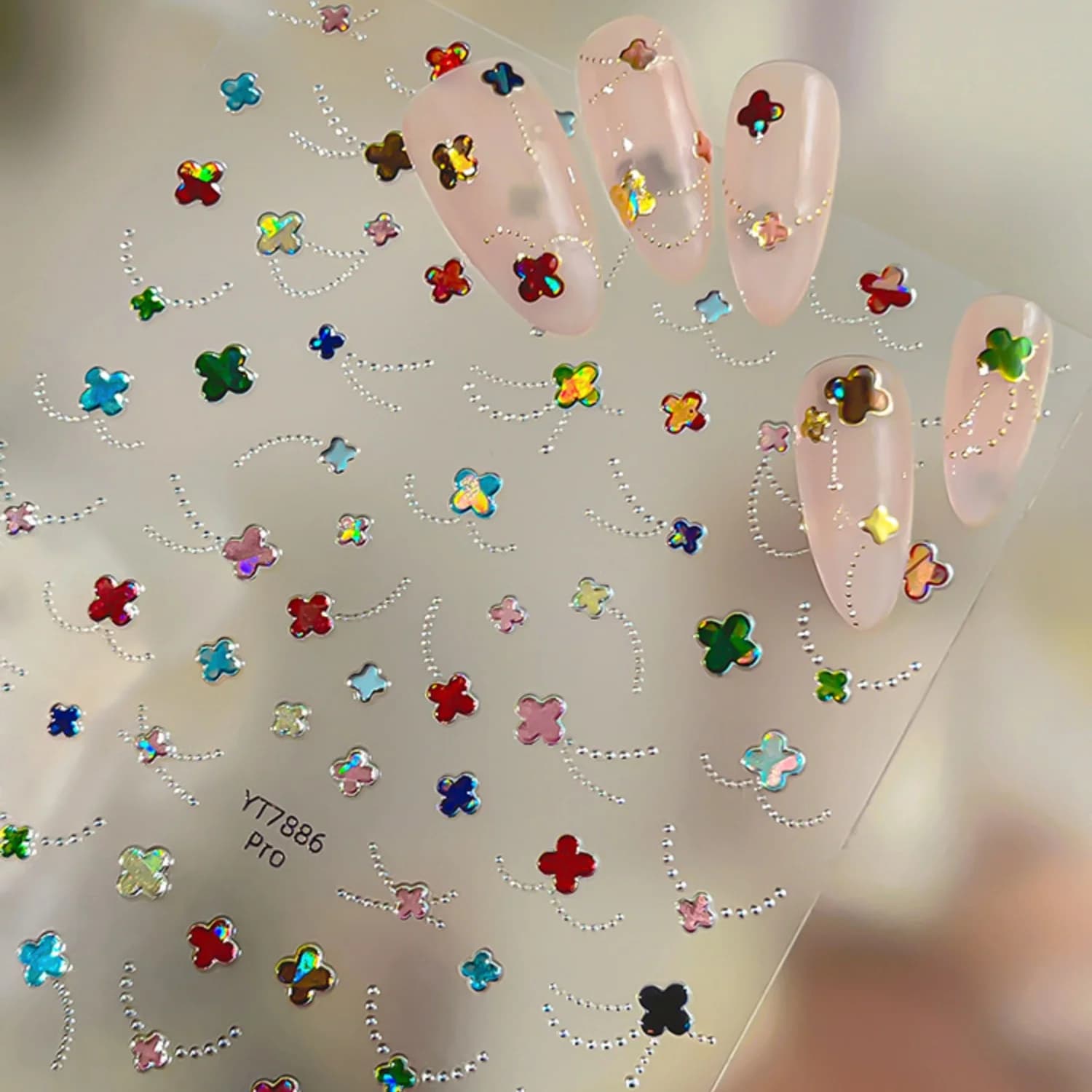 Colorful Holographic Four Leaf Clover 5D Y2K Nail Stickers Silver Chain Line Pattern Self-adhesive Nail Decals Manicure Decor