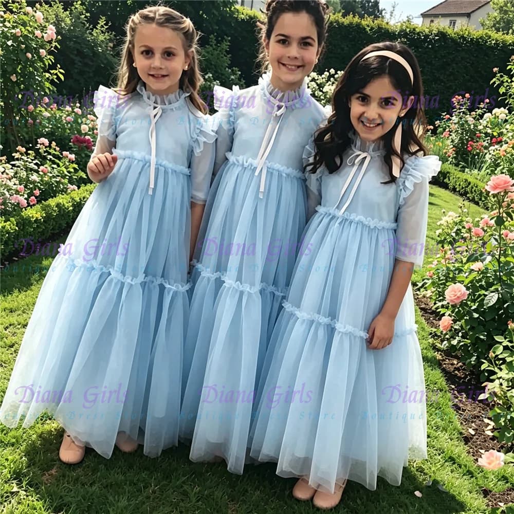 Nuovo Elegante Abito da Damigella in Tulle Blu con Grande Fiocco per Bambine, Vestito da Principessa per Matrimoni, Feste di Compleanno e Serate di Gala