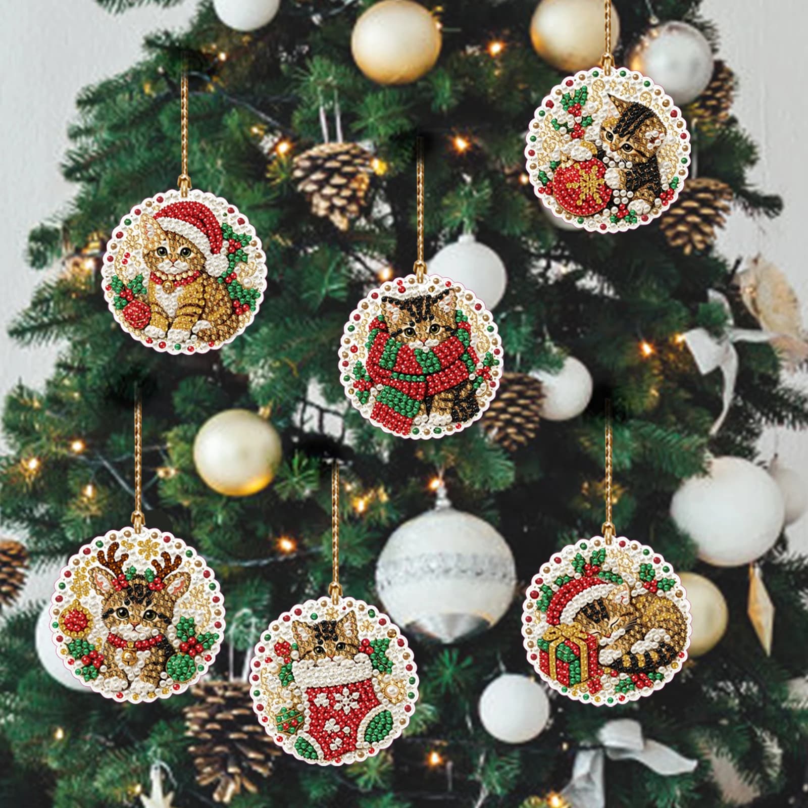 DIY Resin Gem Christmas Ornament Kit 6pcs Round Wood Hanging Pendants Xmas Tree Decor Pre-drilled Jute Rope