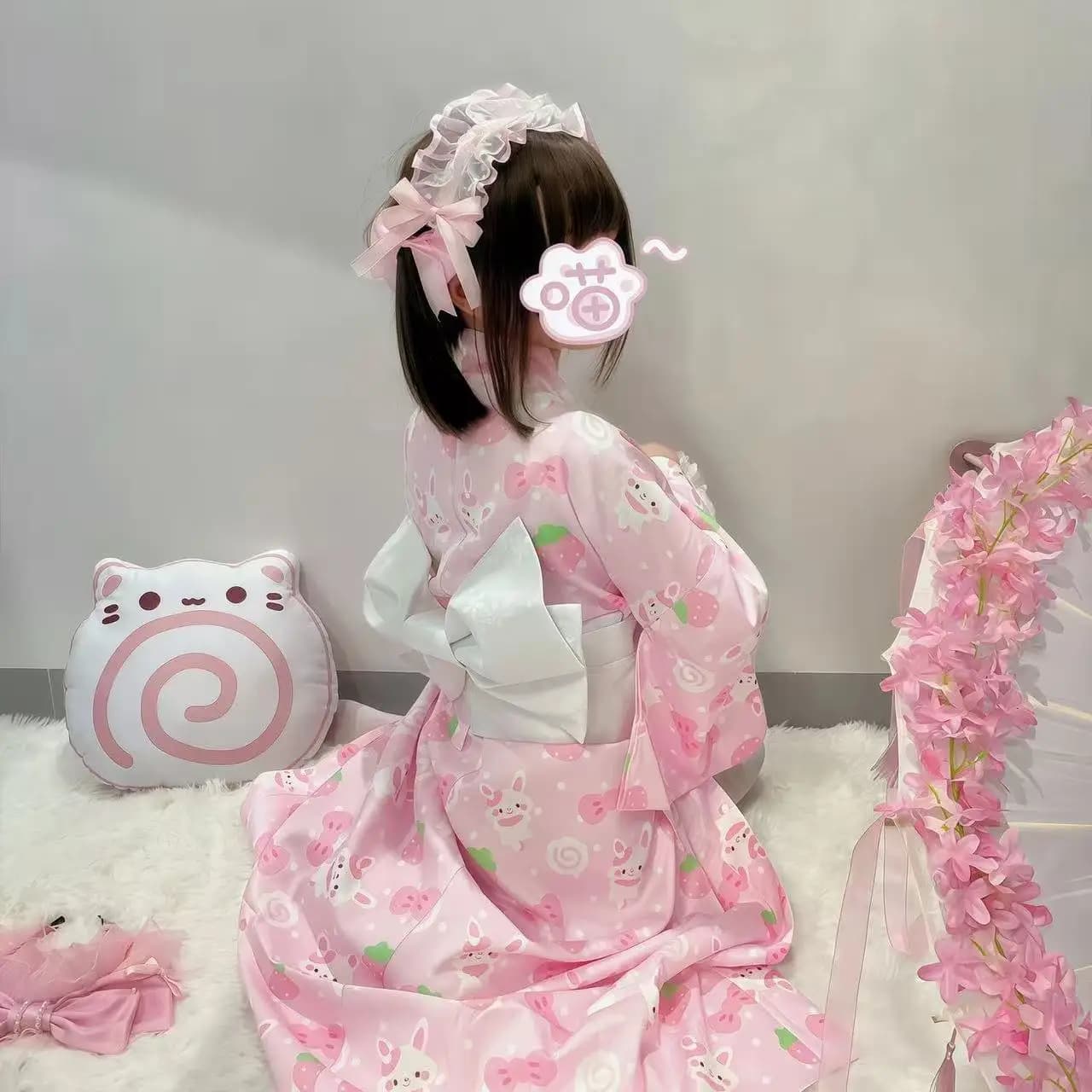 Cute Pink Kimono for Women, Traditional Japanese Style Bathrobe, Kawaii Rabbit Long Robe, Beach Party Photography Yukata Cosplay