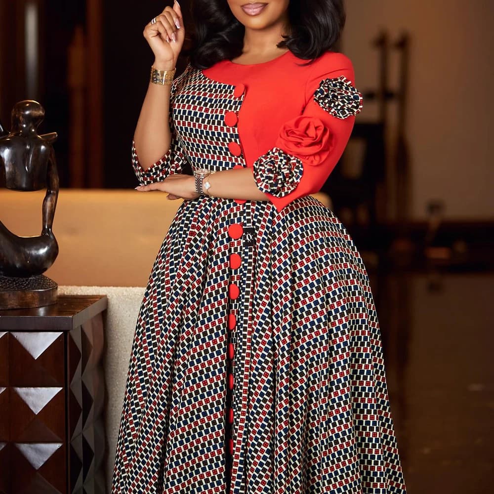 Elegant Dresses for Women 2025 Autumn Fashion African Sleeve 3/4 Birthday Party New Chic Dress 3D Flower Plaid Evening Dress A-Line