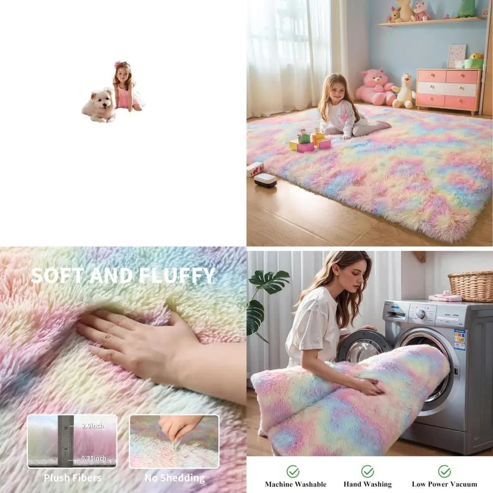 Soft-haired Carpet Long-haired Unicorn Pastel for Children, Plush Mat for Bedroom and Living Room for Girls, Anti-slip Washing Mat for N