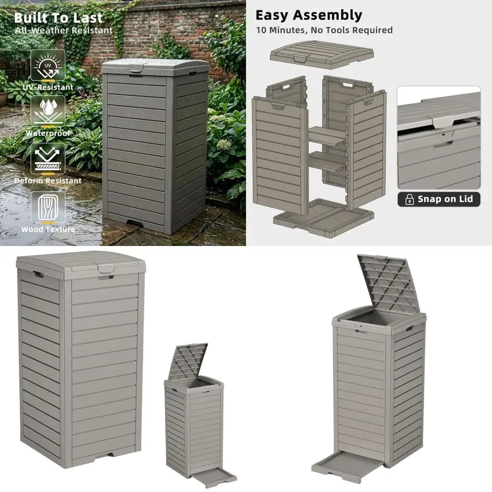 Cestino per rifiuti da esterno resistente da 38 galloni con coperchio e vassoio raccogligocce per patio, terrazza e giardino - Bidone della spazzatura impermeabile in colore chiaro