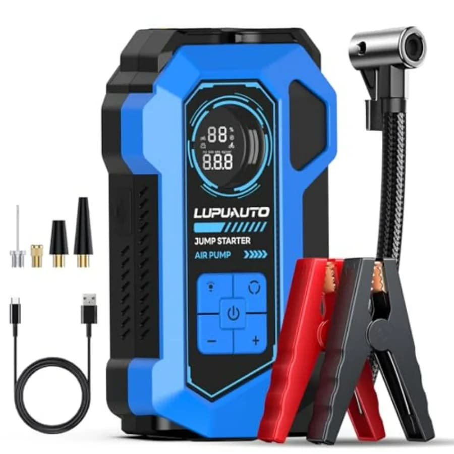 Avviatore di Emergenza Portatile 4000A con Compressore d'Aria 160PSI per Batterie Auto 12V, Display LCD, Luci LED 500LM, per Benzina 10L/Diesel 8.5L, Nero