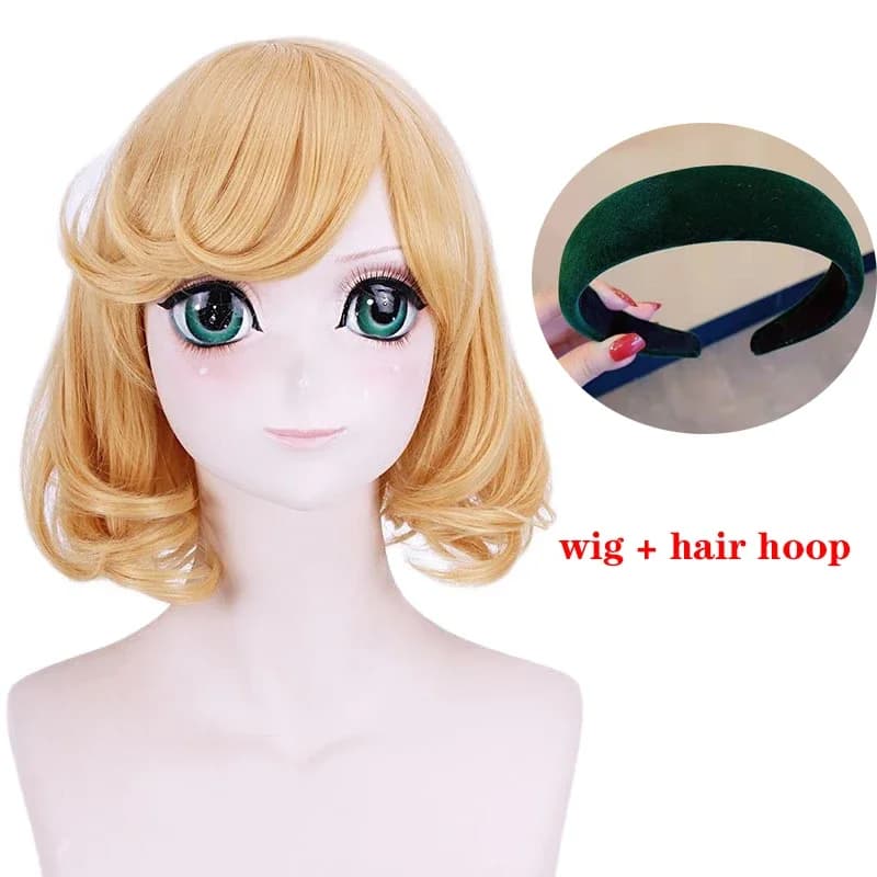 Parrucca cosplay Itsuki Sumeragi Kakegurui Parrucche resistenti al calore per capelli dorati a onde corte con fascia per capelli a cerchio verde + berretto per parrucca