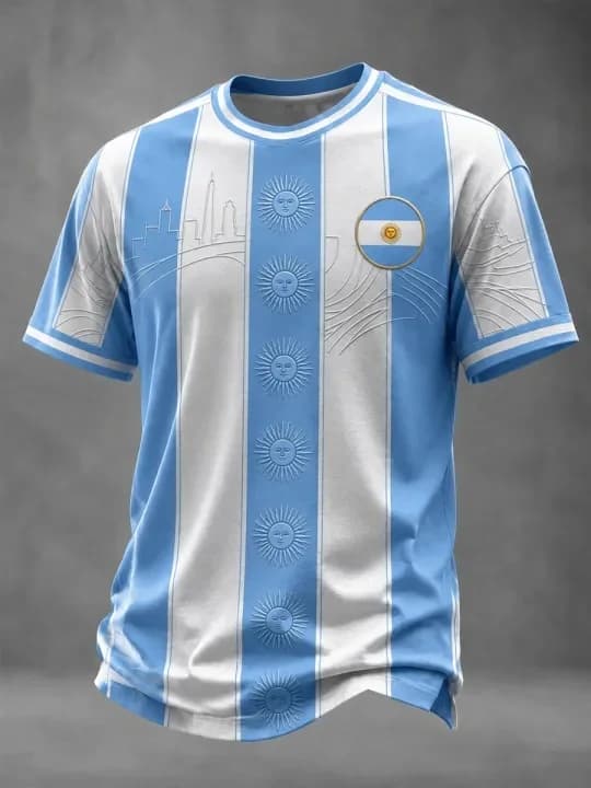 Unisex Argentina Soccer Jersey Stripe Sun Emboss Skyline Crest Dual-Stripe Cuffs 2026 Crest Fan Football Shirt