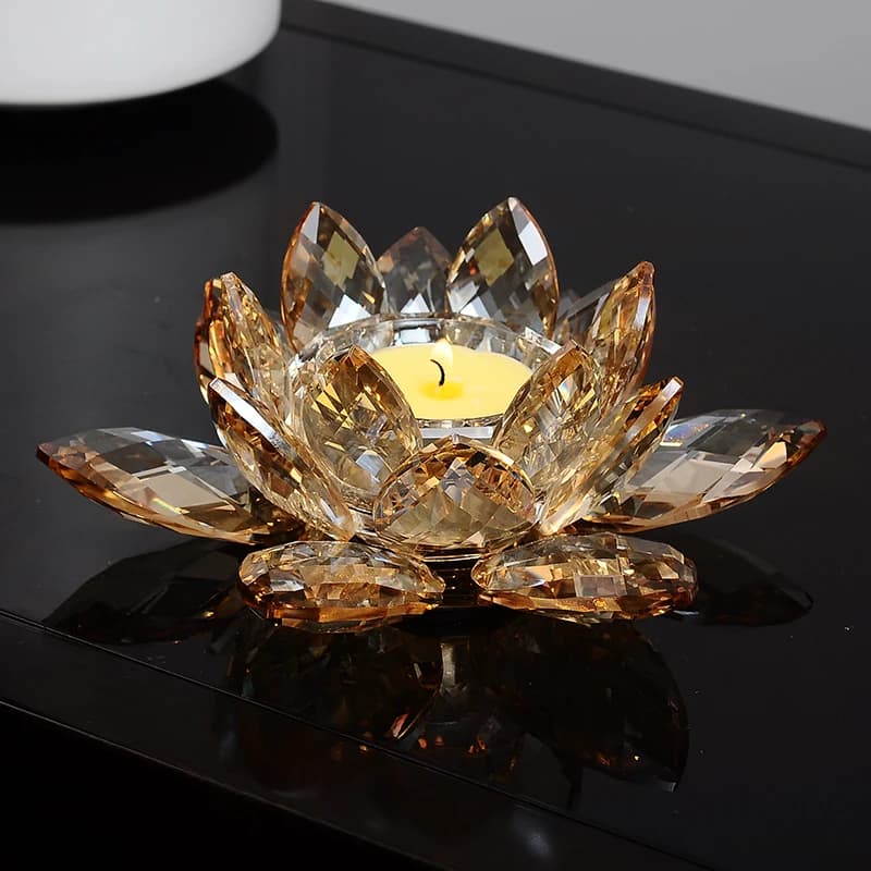 Decorative candle holder with crystal lotus flower for votive candle or pillar up to 20 cm 8 inches wide transparent champagne rainbow