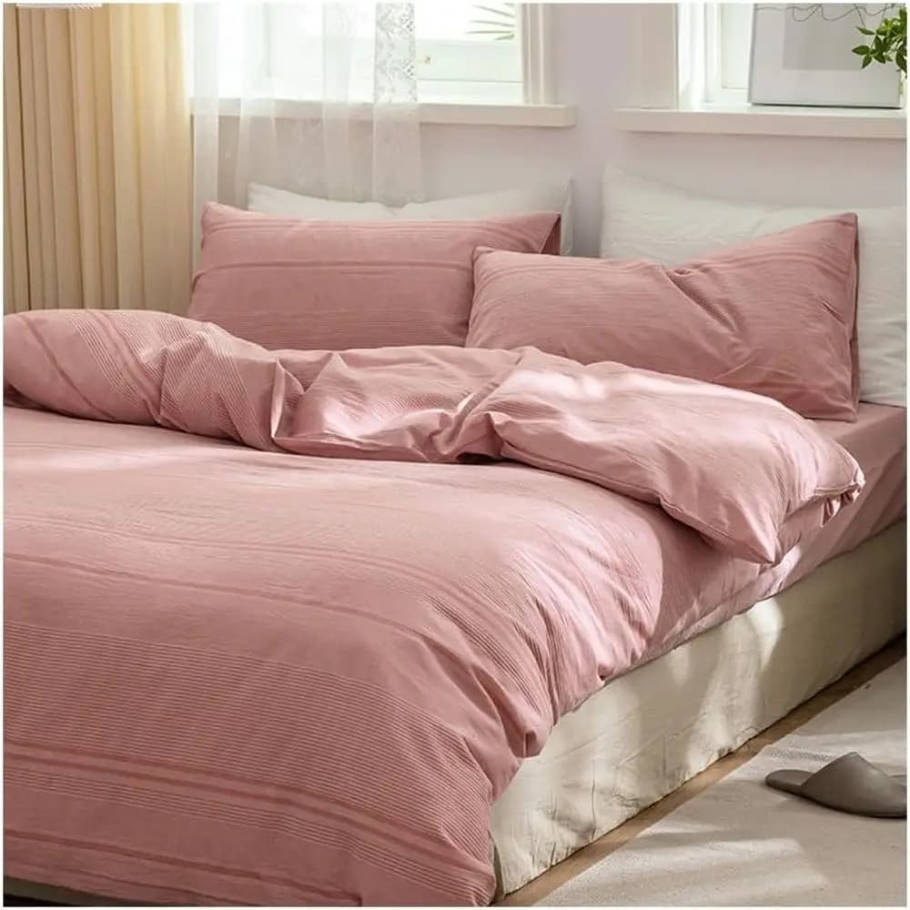 Solid Duvet Cover Queen Size 100% Washed Cotton Like Textured Comorter Cover 4 Pieces King Divet Cover itted Sheet Pillow Cases