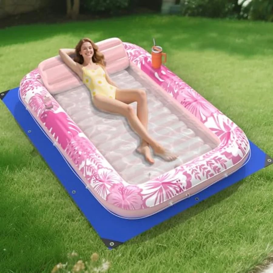 Lettino gonfiabile prendisole con telo protettivo 85" x 57" per piscina, galleggiante per adulti con cuscino, 6 in 1, vasca prendisole, zattera galleggiante