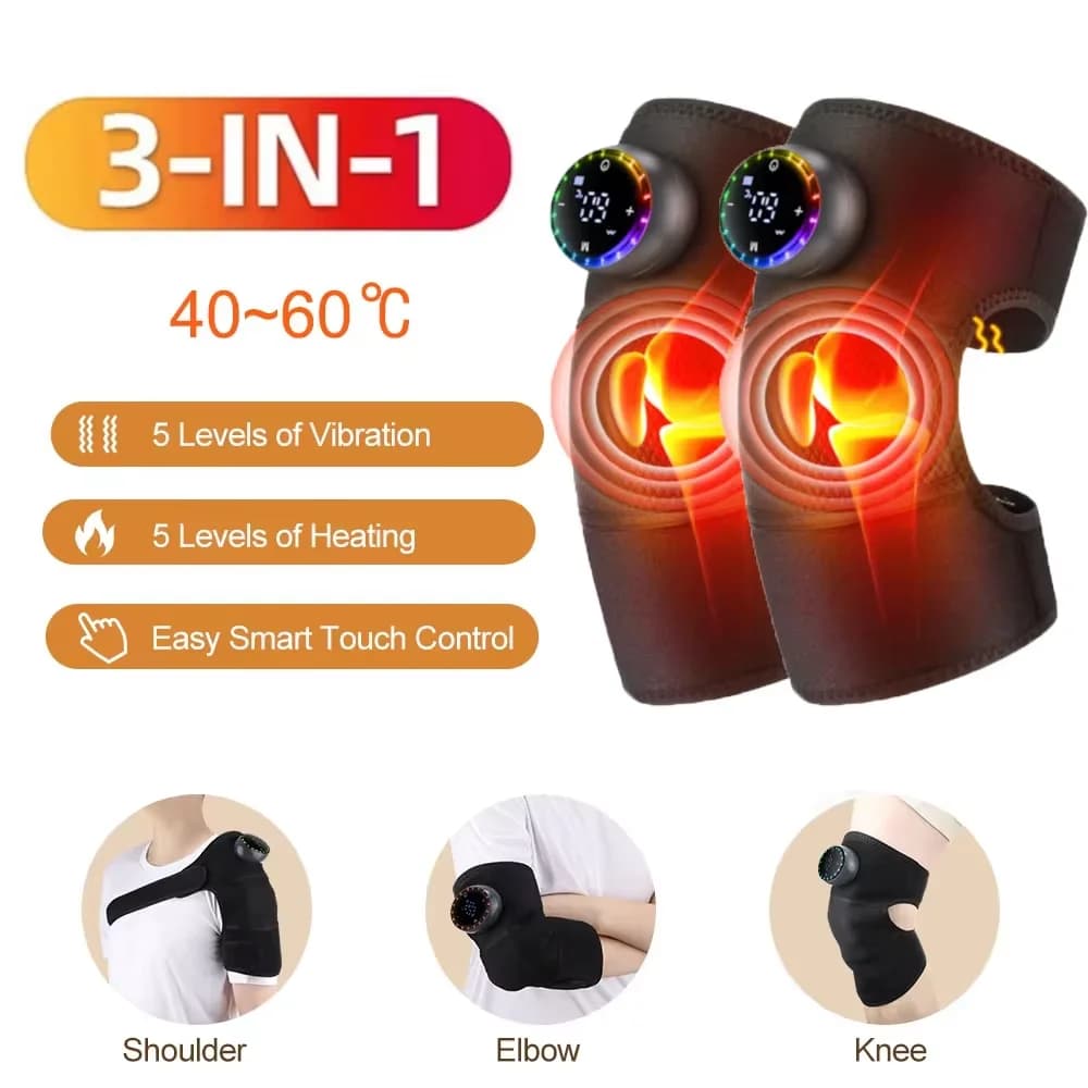 Massaggiatore elettrico per ginocchio riscaldato Protezione dalle vibrazioni Pad 3 in 1 Fascia per braccio per spalla 5 livelli di temperatura Cinghia di estensione Mantieni caldo Rilassarsi