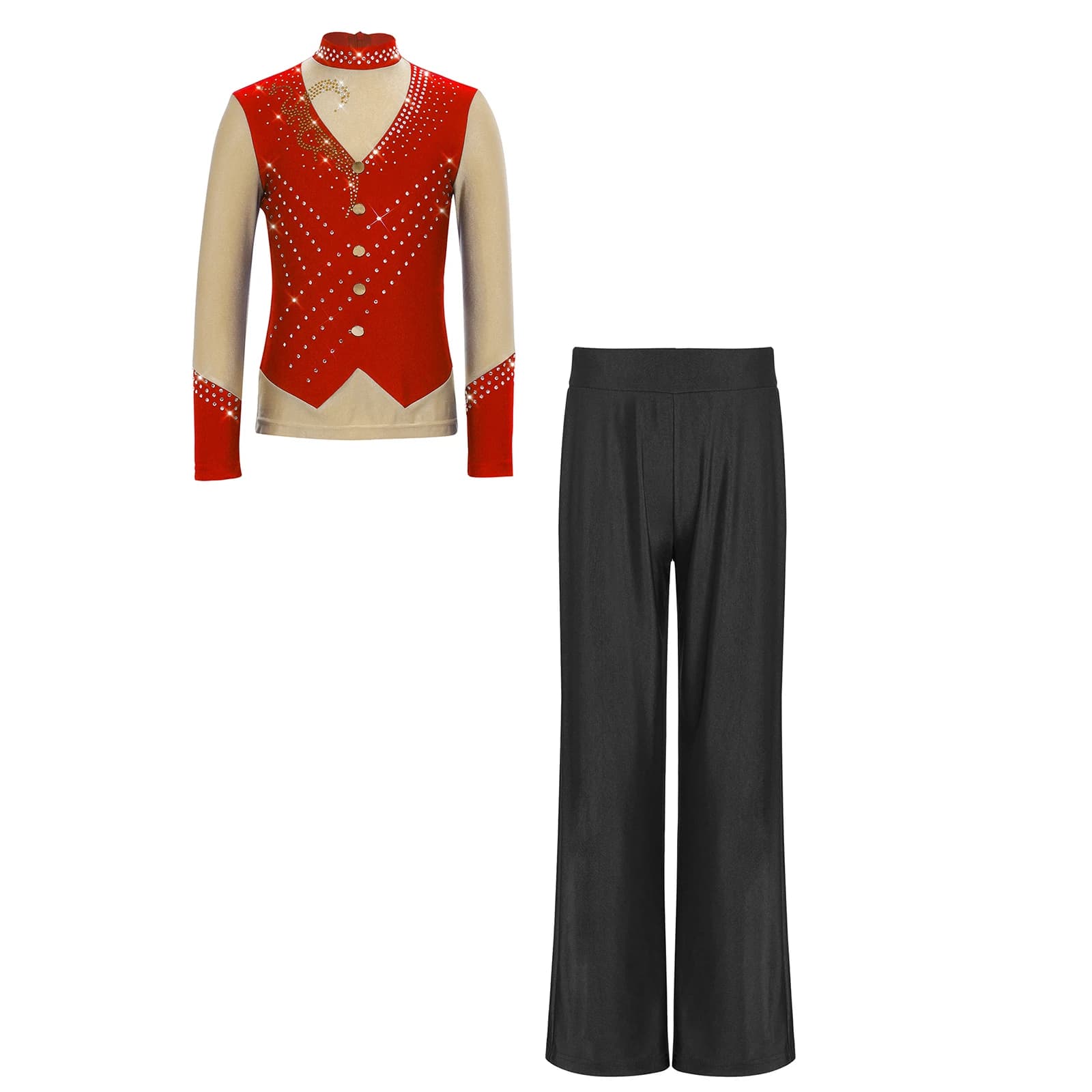 Abbigliamento da Pattinaggio Artistico per Bambini, con Strass Scintillanti, Collo Alto, Maniche Lunghe, Pantaloni a Gamba Dritta, Outfit per Danza Latina